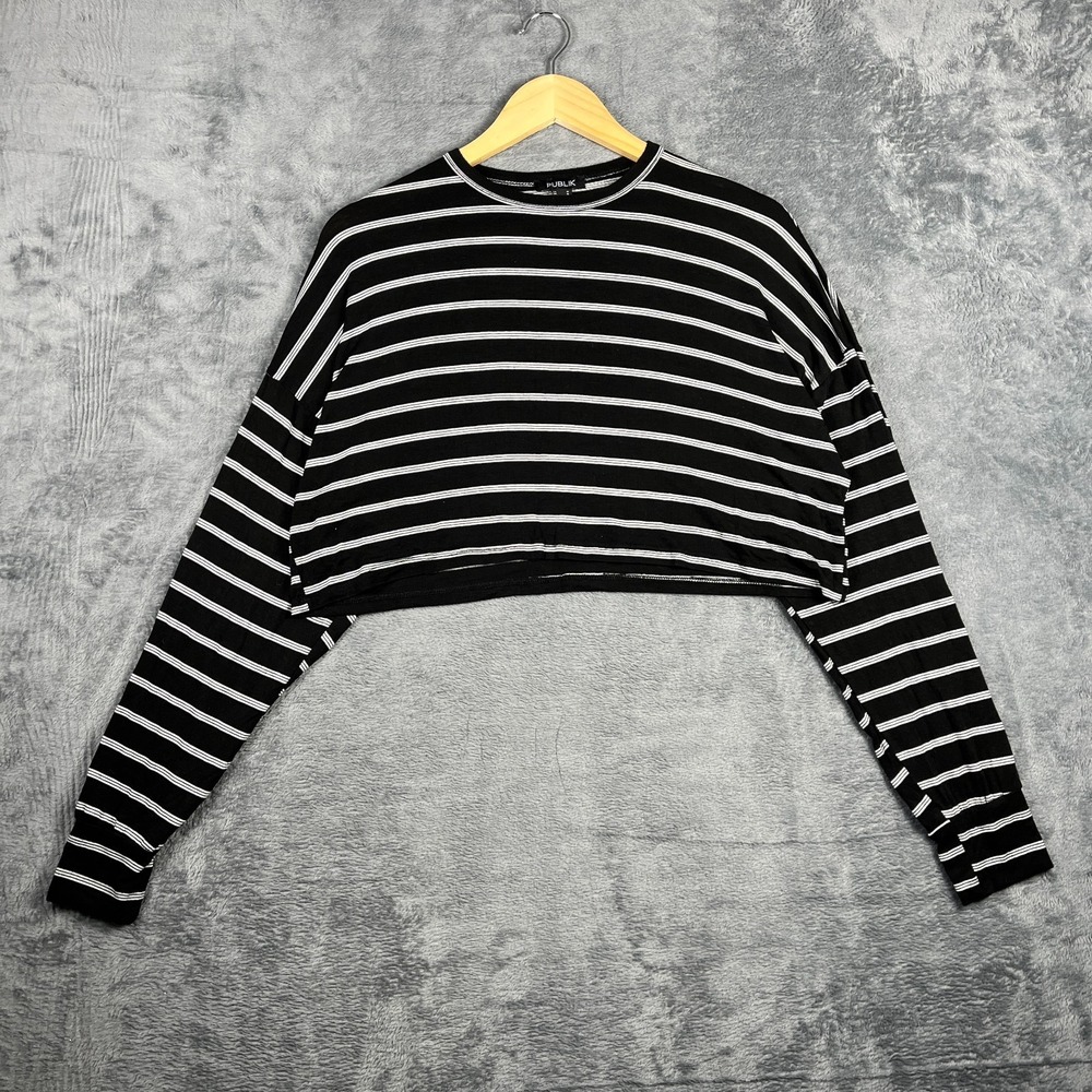 Publik Cropped Top Womens Medium Black White Striped Dropped Shoulder Ribbed